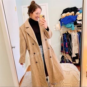 Vintage Noble Fashions Made in USA Tan Neutral Herringbone Long Trench Coat L